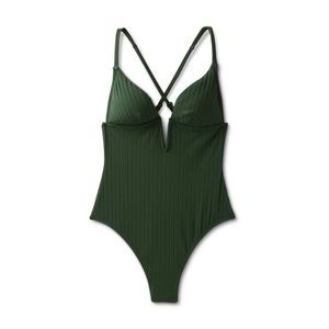 NWT Shade and Shore Ribbed Plunge Front V-Wire One Piece Swimsuit